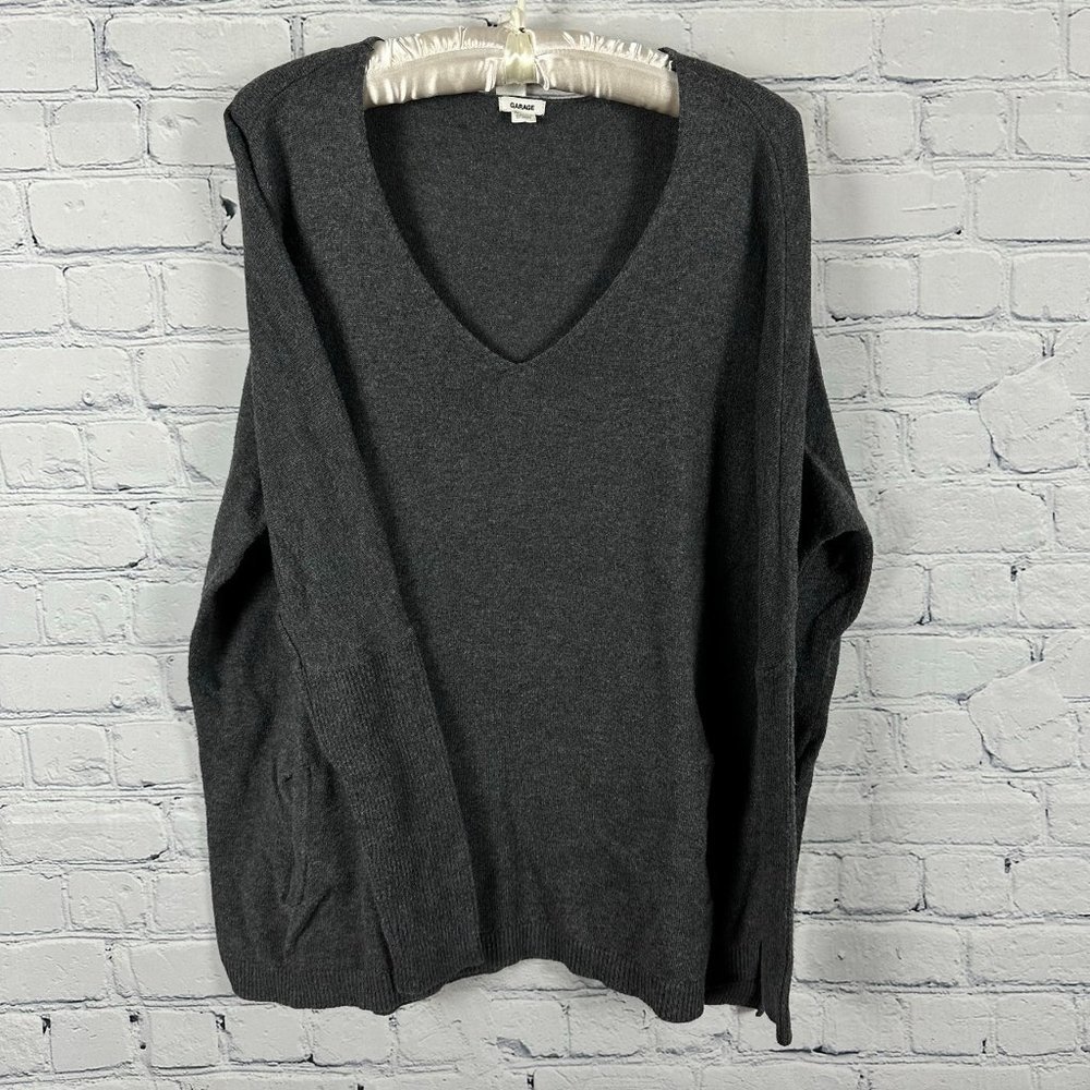 Garage Pullover V-Neck Sweater Top, Size XS-S, Dark Heather Gray